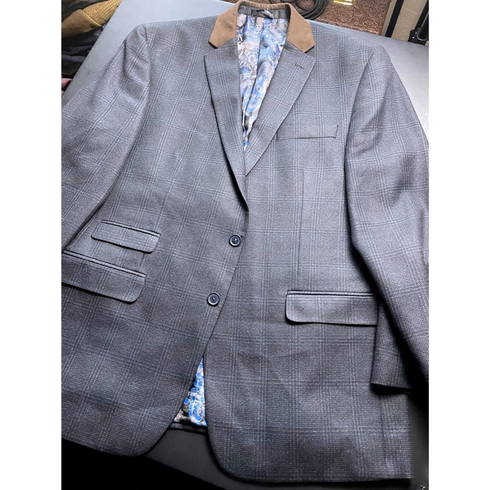 Van Heusen Studio 44R Blue Black Plaid Elbow Patch Blazer - Picture 6 of 13